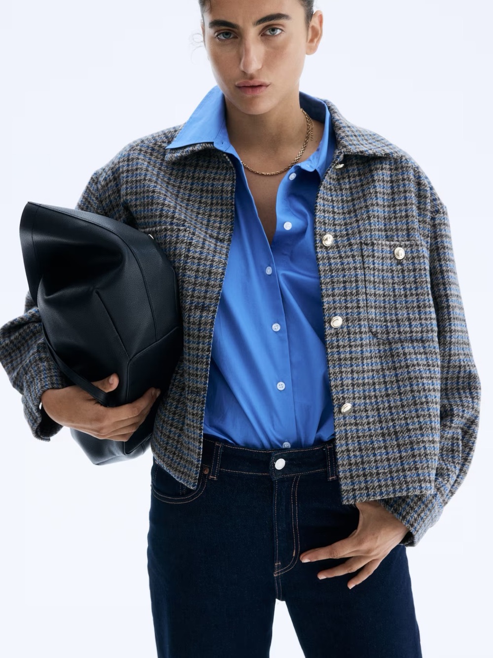 H&M Blue & Gray Checked Wool-Blend Jacket Size M NWT